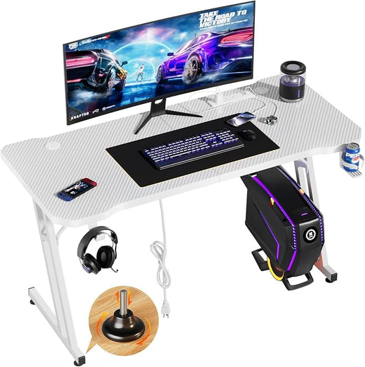 Czlolo 47 Inch Gaming Desk with Power Outlets, L-Shape Leg Computer Desk, Gamer Desk for Small Space, Wtih Cup Holder, Headphone Stand, USB＆ Tpye-C Ports, Carbon Fiber Surface, White