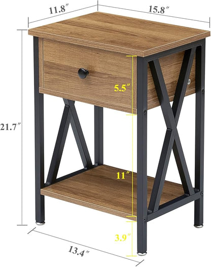VECELO Nightstand,Modern Bedside End Table, Night Stand with Drawer and Storage Shelf for Living Room Bedroom, Industrial Metal Frame