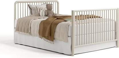 Storkcraft Porto 5-in-1 Convertible Crib with Toddler Guardrail – GREENGUARD Gold Certified, Toddler Bed Conversion Kit Included, 100% Solid Wood, Fits Standard Baby Crib Mattress (Frosted Oat)