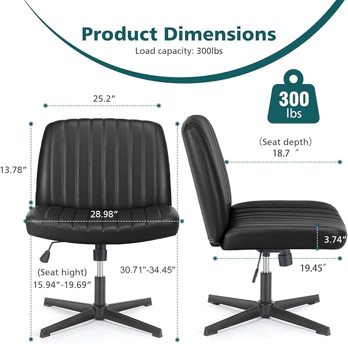 OLIXIS Criss Cross Legged Chairs No Wheels, Wide Seat Height Adjustable Swivel Chair,Padded PU Leather Armless Desk Chair for Home Office Bedroom, Student, Study Room,Black-Pu