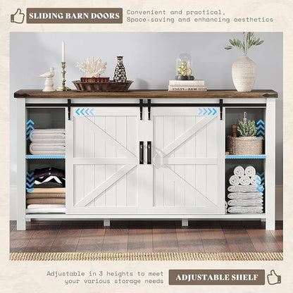 AMERLIFE 5-Piece Farmhouse Furniture Bedroom Set, Dressers & Nightstand Set of 2 with Storage Cabinet & Sideboard, Sliding Barn Door Wood Bedroom Set for Bedroom/Living Room, Distressed White