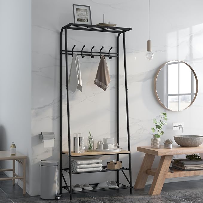 MDF Hall Tree with Bench, 4-in-1 Entryway Coat Rack with Storage Shelf & Shoe Organizer, Sturdy Freestanding Furniture for Living Room, Bedroom, Mudroom