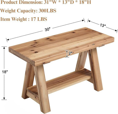 Farmhouse Solid Wood Entryway Bench, 30 Inch Small Narrow Storage Bench with Shelf, Rustic Wooden Shoe Bench for Entryway, Mudroom, or Hallway Seating, Natural