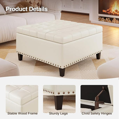 FiveWillowise Square Leather Ottoman with Storage, Faux Leather Coffee Table with Lift Top,Large Upholstered Footrest Stool Toy Box Storage Bench for Bedroom Living Room, Ivory White
