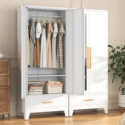72" Tall Metal Wardrobe Closet - Large Clothing Storage Cabinet with 1 Hanging Rod, 1 Adjustable Shelve, 1 Drawer & Mirror Doors - Closet Organizer for Bedroom, Office, Laundry Room, Garage - White