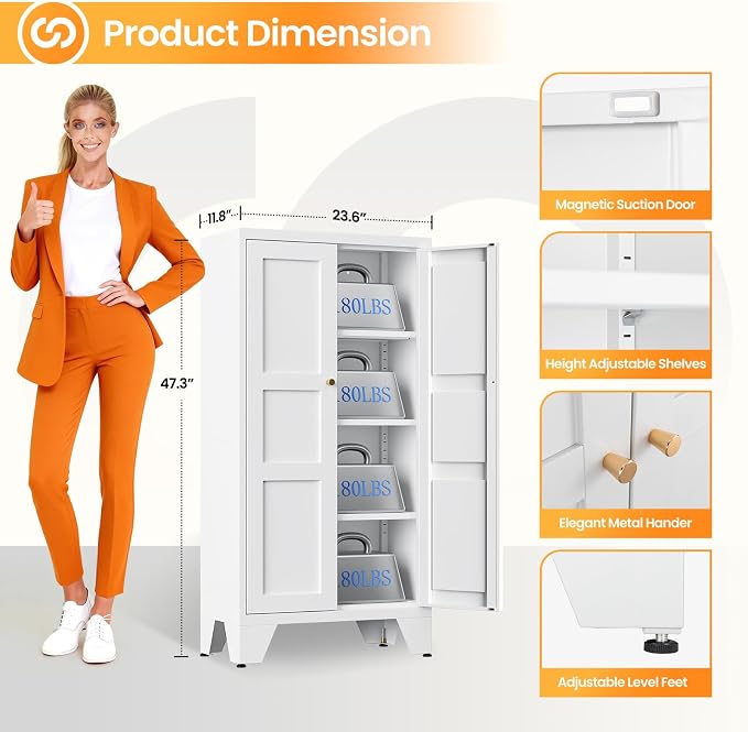 Metal White Storage Cabinet with 2 Doors and 3 Adjustable Shelves, 47.3" Tall Kitchen Pantry cabinets, Modern Food Pantry Cabinet,4 Tier Freestanding Framed Panel Door Cupboard for Kitchen Dining Room
