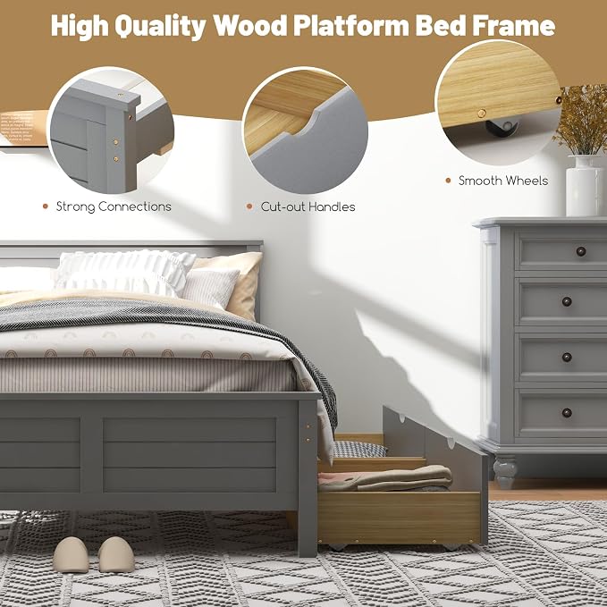 GOFLAME Full Size Bed Frame with 2 Drawers, Platform Bed with Solid Wood Headboard & Footboard, Wood Slats Support Mattress Foundation, Under Bed Storage, No Box Spring Needed, Easy Assembly, Grey
