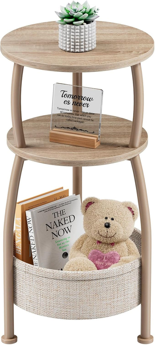 Small Side Table with Storage Basket, Space Saving Round End Table 3-Tier Bedside Corner Stand for Living Room, Bedroom, Garden and More 11.81in Light Oak
