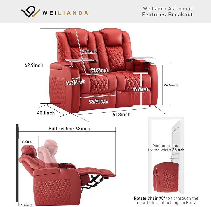 Weilianda Home Theater Seating Top Grain Leather Zero Gravity Recliner Chair Power Headrest Recline Movie Seat Gaming 7 Colors Mood Light Sofa with Tray Table USB Charge Row of 2 Loveseat Red