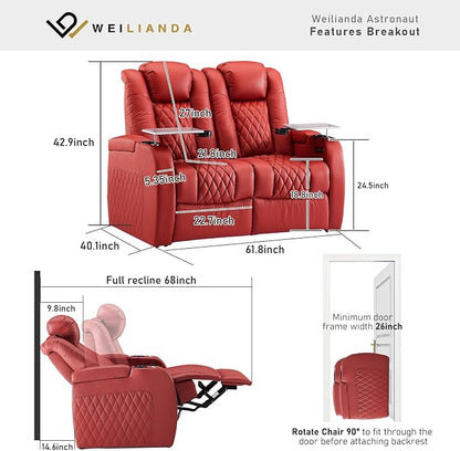 Weilianda Home Theater Seating Top Grain Leather Zero Gravity Recliner Chair Power Headrest Recline Movie Seat Gaming 7 Colors Mood Light Sofa with Tray Table USB Charge Row of 2 Loveseat Red
