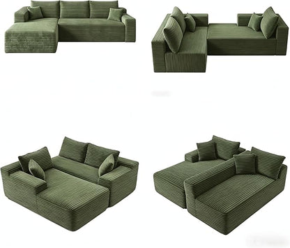 JINGLING 94" L Shape Couch with Left Chaise, Memory Foam Boneless Sectional Sofa in a Box, No Assembly Modular Small Couches for Small Spaces, Living Room, Apartments, Plush Corduroy, Green