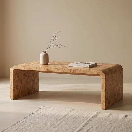 Hyfirm 47" Mid Century Modern Burl Wood Coffee Table, Rectangular Waterfall Center Table for Living Room, Minimalist Large Sofa Table with Rounded Edges & Sturdy Curved Legs, Easy Assembly