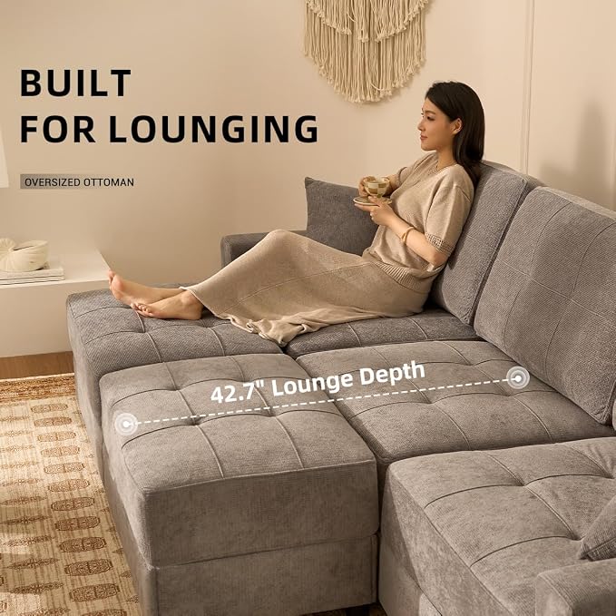 112" U Shaped Modular Cloud Sectional Couch, Waffle Fabric, Light Gray | Modular Deep Seat Sofa, Movable Ottoman, Pocket Spring Cushions, 2-Box Delivery, Living Room Lounge Use, Not Boneless