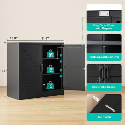 Metal Storage Cabinet with Doors & Adjustable Shelves, 36" Tall Farmhouse Pantry Cabinet, Small Sideboard for Kitchen, Dining, Living & Laundry Room, Black