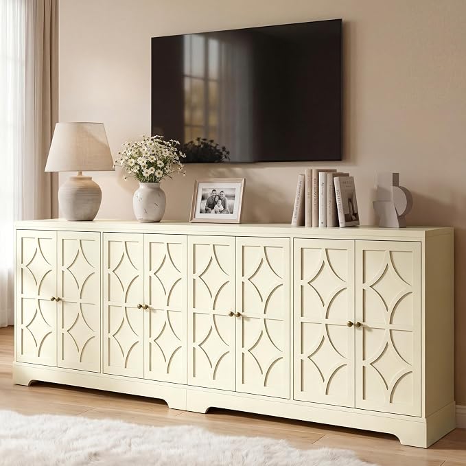 RoyalCraft 112'' Sideboard Buffet Cabinet with Storage, Modern Sideboard with 4 Carved Doors and Adjustable Shelves, Large Wood Coffee Bar Console Table for Kitchen, Dining Room, Beige