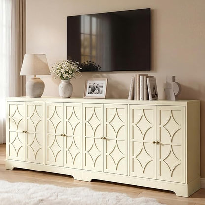 RoyalCraft 112'' Sideboard Buffet Cabinet with Storage, Modern Sideboard with 4 Carved Doors and Adjustable Shelves, Large Wood Coffee Bar Console Table for Kitchen, Dining Room, Beige
