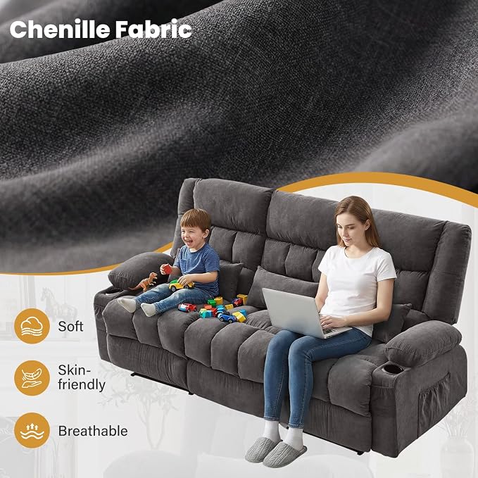 BOSMILLER Reclining Sofa with Cup Holders for Living Room 3 Seat Manual Sofa Recliner with Side Pocket