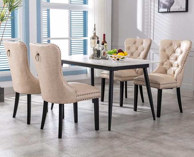 EALSON Mid Century Dining Chairs Set of 4 Modern Leather Dining Room Chairs with Wood Legs Tufted Upholstered Kitchen Side Chairs with Nail Head Trim for Dining Room/Living Room, Beige with Ring