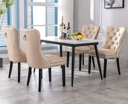EALSON Mid Century Dining Chairs Set of 4 Modern Leather Dining Room Chairs with Wood Legs Tufted Upholstered Kitchen Side Chairs with Nail Head Trim for Dining Room/Living Room, Beige with Ring