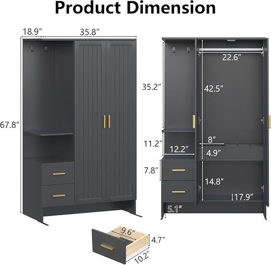 Gyfimoie Modern Wardrobe Closet with 2 Doors & 2 Drawers, 67.8" Tall Armoire Wardrobe with Open Shelves, Freestanding Wardrobe for Bedroom, Wooden Wardrobe Combination for Hanging Clothes (Black)