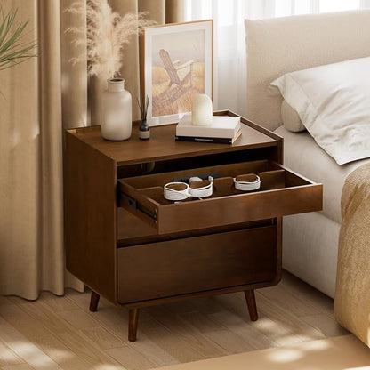 Nightstands Set of 2 with Leg Walnut Night Stand Set 2 Mid Century Modern Nightstands with Charger Station Wooden Bedside Table Set of 2 Night Stands for Bedrooms Set of 2