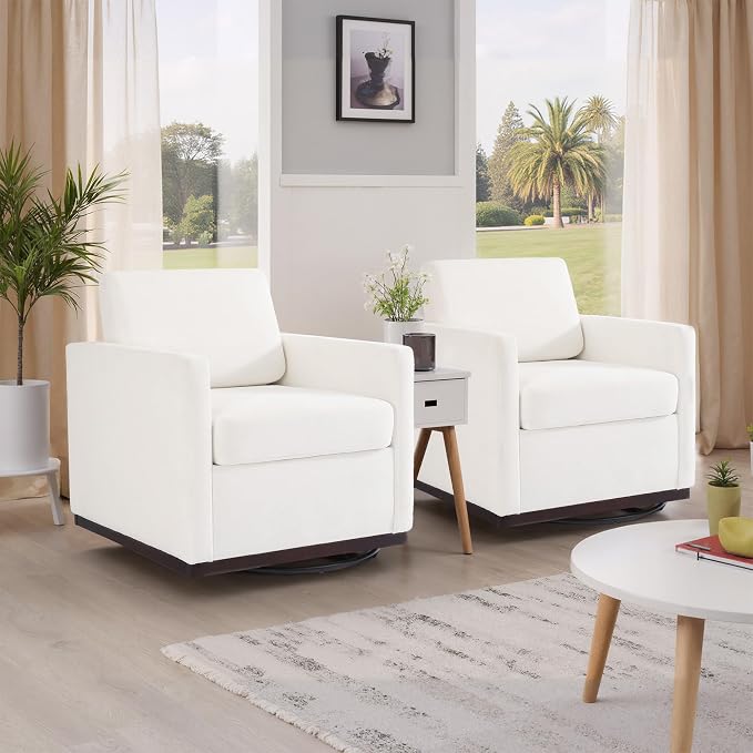 360° Swivel Accent Chairs Set of 2, 31" Wide Upholstered Club Armchairs for Living Room, Comfy Square Swivel Barrel Chair with Metal Base, Chenille Fabric, Beige