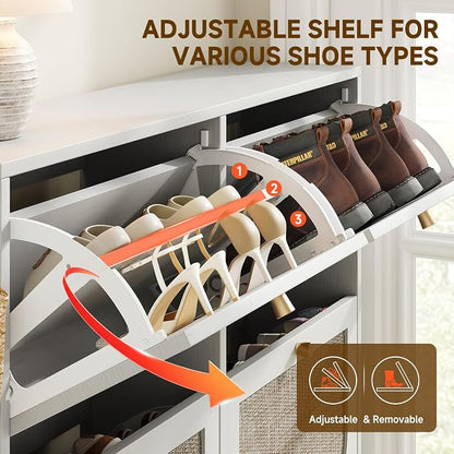 Nicetree Rattan Shoe Cabinet for Entryway, 9.5" Ultra-Thin Narrow Shoe Rack with 4 Flip Drawers, Boho Slim Shoe Storage Organizer with Adjustable Shelves, Anti-Tip Safety, Fits Size 13 Men's Boots