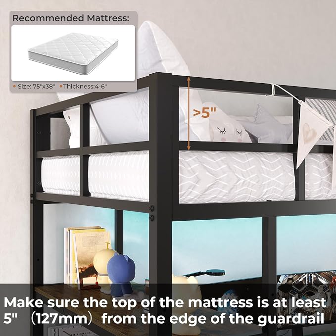 DICTAC Twin Loft Bed with L-Shaped Desk, LED Lights,Charging Station LED Metal Kids Loft Bed Twin Size with 3 Storage Shelves and 3 Fabric Drawers, Safety Guard & Ladder,No Box Spring Needed, Black