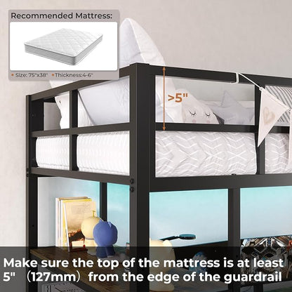 DICTAC Twin Loft Bed with L-Shaped Desk, LED Lights,Charging Station LED Metal Kids Loft Bed Twin Size with 3 Storage Shelves and 3 Fabric Drawers, Safety Guard & Ladder,No Box Spring Needed, Black