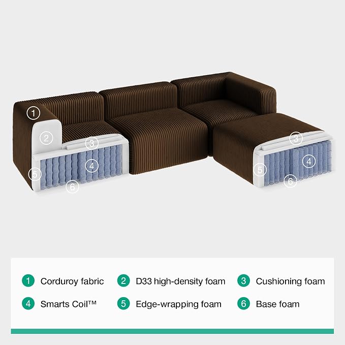 Novilla 141" Modular Sectional Sofa, Modern Cloud Sectional Couch with SmartS Coil® Support, U-Shape Upholstered Boneless Couch for Living Room Apartments Bedroom, No Assembly Required, Brown (6 Seat)