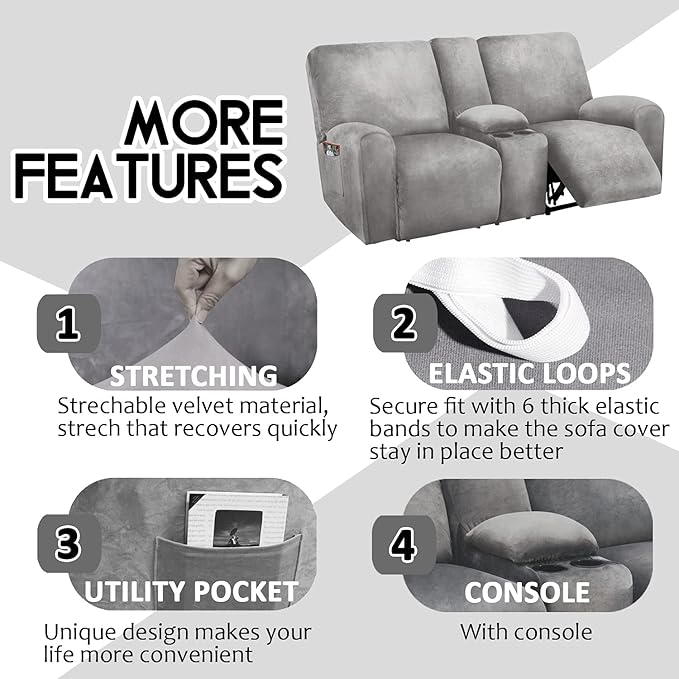 Reclining Love Seat with Middle Console Slipcover, 8-Piece Velvet Stretch Loveseat Reclining Sofa Covers, 2 seat Loveseat Recliner Cover, Thick, Soft, Washable, Loveseat Slipcovers (Light Grey)