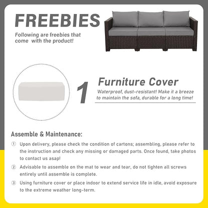 Valita Patio Furniture 3-seat Sofa Brown Wicker Outdoor Furniture Outdoor Couch Deep Seat High Backrest Waterproof Cover Anti-Slip Washable Cushions, Grey