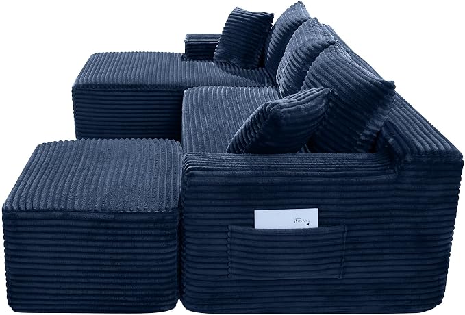 95-Inch U-Shaped Left Facing Corner Compressed Sofa Modular Sectional Boneless Cloud Sofa Floor Foam Couch W/Chaise Lounge & Ottoman, Corduroy Corner Boneless Cloud Couch