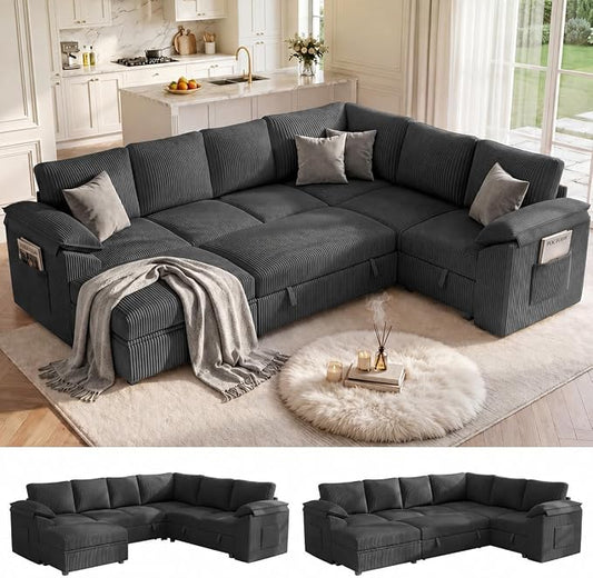 108 Inch Sectional Sleeper Sofa Bed with Pull Out Couch, U Shaped 7 Seat Cloud Modular Sectional Sofa with Storage, Corduroy Sectional Couches for Living Room, Removable Sofa Cover, Dark Grey