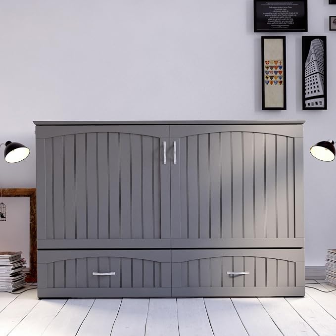 AFI, Southampton Murphy Bed Chest Queen with 6" Mattress, Storage Drawer & Built-in USB Charger, Grey