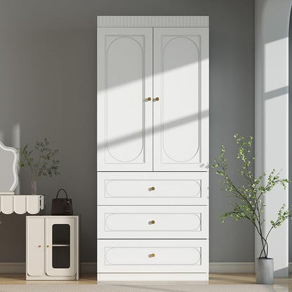 Armoire Wardrobe Closet with Drawers: 74" Tall White Wardrobe Closet with Doors, Large Bedroom Armoires for Clothes, Wood Closets for Hanging Clothes (94.5 in-6 Doors)