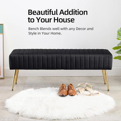 Furniliving 44 Inch Bedroom Bench, Upholstered Tufted Striped Fabric Ottoman Benches with X-Shaped Metal Legs for Living Room, Entryway Solid Wood Indoor Bench for Foyer (Black)