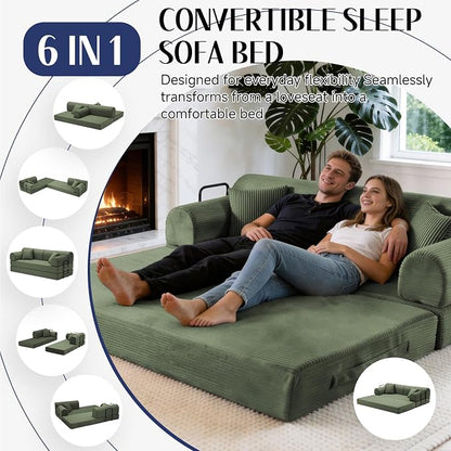 79'' Convertible Sofa Bed, 6 in 1 Folding Floor Futon Couch Sleeper with Fixed Frame, Corduroy Modular Sofa Bed with Removable Armrests & Pillows, No Assembly for Living Room Bedroom (Light Green)