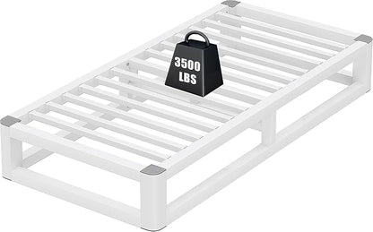 10 Inch Twin Bed Frames with Rounded Corner and Squeak Free U-Slot Design, Metal Platform Bed Frames 6 Non-Slip Guards, 3500lbs Heavy Duty Steel Slat Support, No Box Spring Needed, White