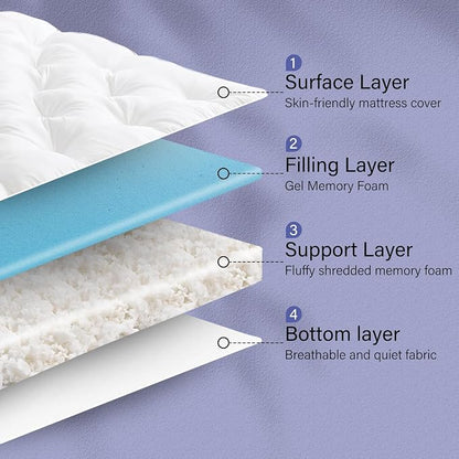 WhatsBedding 4 Inch Memory Foam Mattress Topper Queen for Back Pain Relief, Filled with Breathable Gel Memory Foam, Fluffy Comfort Supportive Pillow Top Mattress Topper, 80x60x4in
