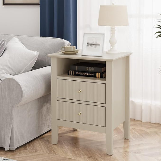 RoyalCraft Beige Fluted Nightstand with 2 Drawers, Colorful Nightstand for Bedroom, Modern Wooden End Table with Storage for Small Spaces, Tall Side Sofa Table for Couch, Home Office