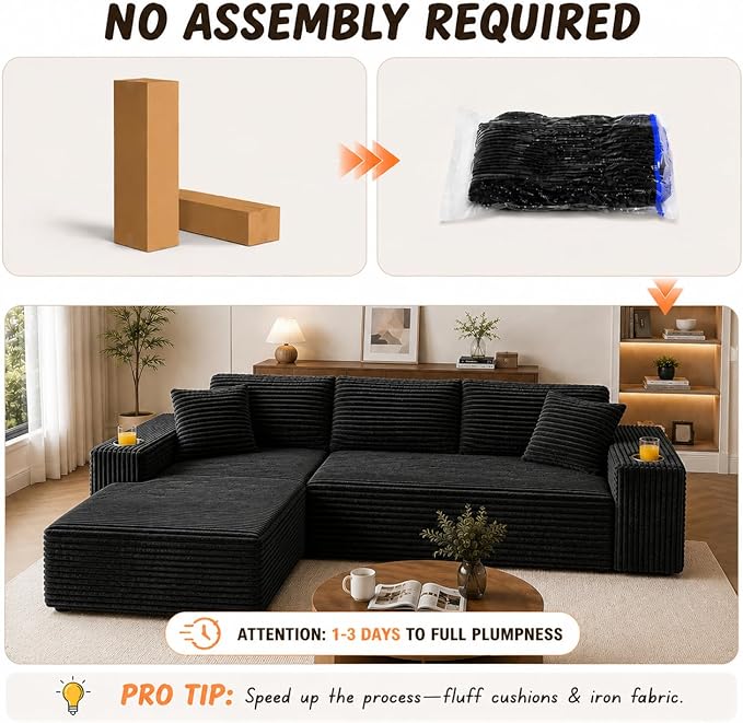 103” Cloud Sectional Couch, Convertible Boneless Couch, Modular L-Shaped Couch, Soft Friendly Fluffy Couch, No Assembly Required(Left-Facing, Black)