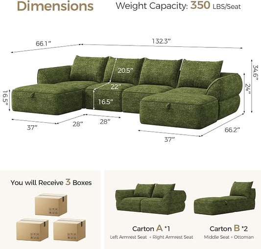 132" Modular Sectional Sofa with Deep Seat, U-Shaped Cloud Couch for Living Room, 4-Seater Boneless Sofa with 2 Ottomans, Flexible Combination Modern Upholstery Sofa, No Assembly Required, Algae Green