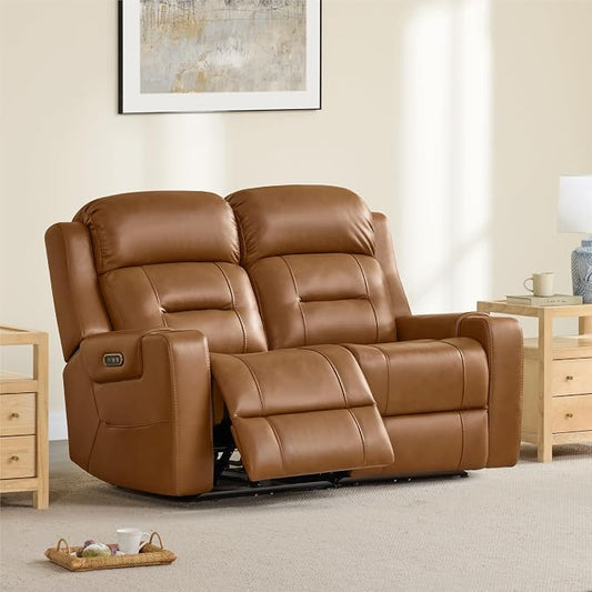 Watson & Whitely Genuine Leather Power Loveseat Recliner Sofa, Lay Flat Loveseat Reclining Sofa with Power Headrest, Cup Holders, USB & Type-C Ports, Dual Recliners for Living Room, Saddle Brown