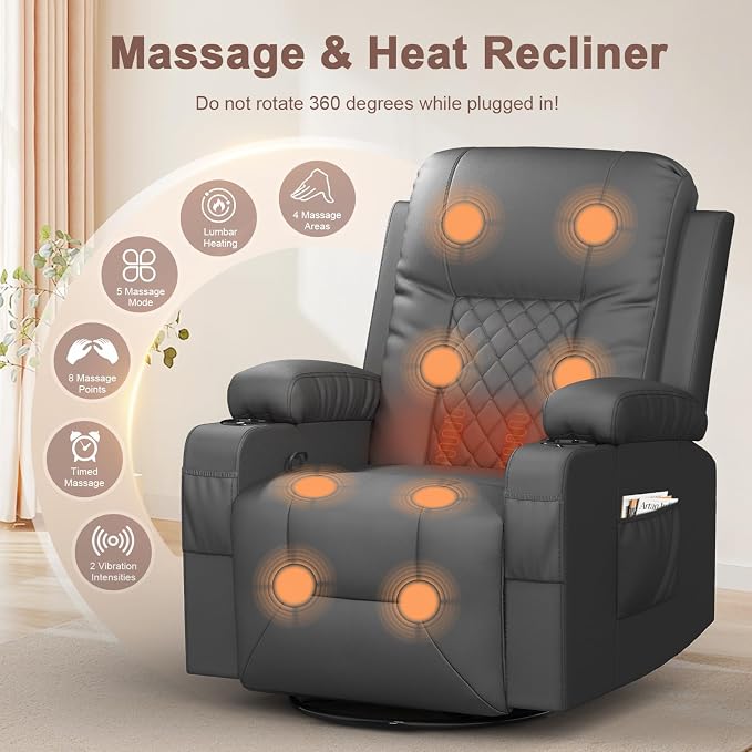 YONISEE Living Room Furniture Set, Loveseat Recliner 2 Seater and 360° Swivel Recliner Chair with Massage, Luxury Reclining Sofa 2PC Set for Living Room (2+1, Dark Gray)