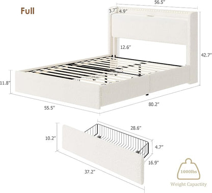 Full LED Bed Frame with 4 Storage Drawers and Storage Headboard, Soft Boucle Upholstered Platform Bed Frame with Charging Station and USB Ports, Solid Wood Slats Support, No Box Spring Needed, Cream