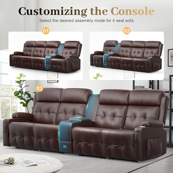 Recliner Sofa, 4 Seater Massage Reclining Loveseat Sofa Sets, 2 Single Power Recliner Chairs Heat & Massage, Heavy Weight Capacity, RV Clearance Love Seat Couch with Console, USB, Type C Port