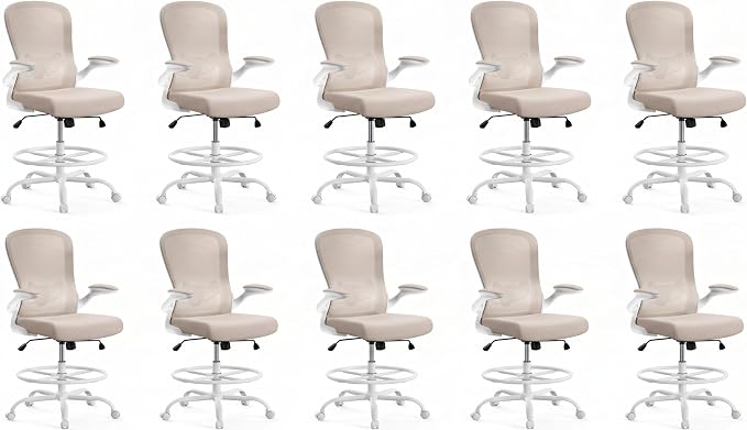 ErGear Drafting Chair,Tall Office Chair with Flip-Up Armrests, High Desk Chair Adjustable Height and Adjustable Footrest Ring, Ergonomic Standing Desk Chair with Lumbar Support, Khaki,10 Pack
