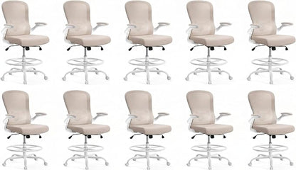 ErGear Drafting Chair,Tall Office Chair with Flip-Up Armrests, High Desk Chair Adjustable Height and Adjustable Footrest Ring, Ergonomic Standing Desk Chair with Lumbar Support, Khaki,10 Pack