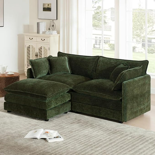 GNIXUU 76.7" Green L Shaped Cloud Couch, Modern Chenille Modular 2 Seater Loveseat Sofa with Movable Ottoman, Deep Seat Sectional Couch with Pillows for Small Place, Living Room Apartment Office